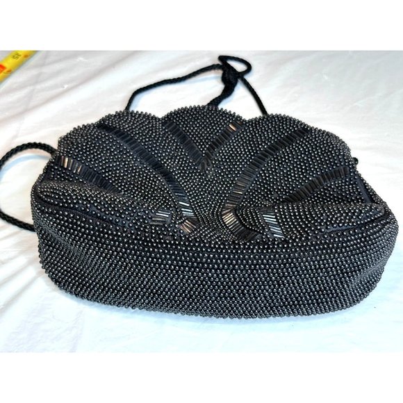 Vintage Beaded Black Evening Purse Crossbody Zip Closure Shoulder Strap Scallop - Picture 6 of 9